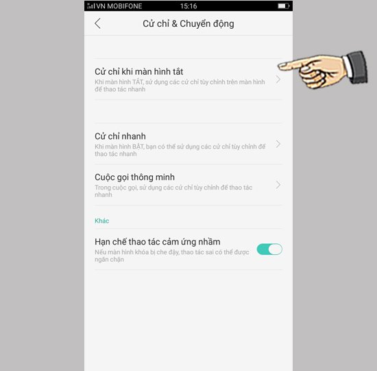 Bước 2: Chọn Cử chỉ khi màn hình tắt