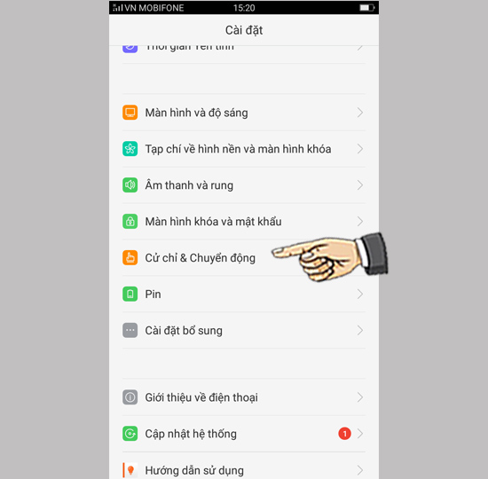 Bước 1: Vào cài đặt chọn cử chỉ và chuyển động.