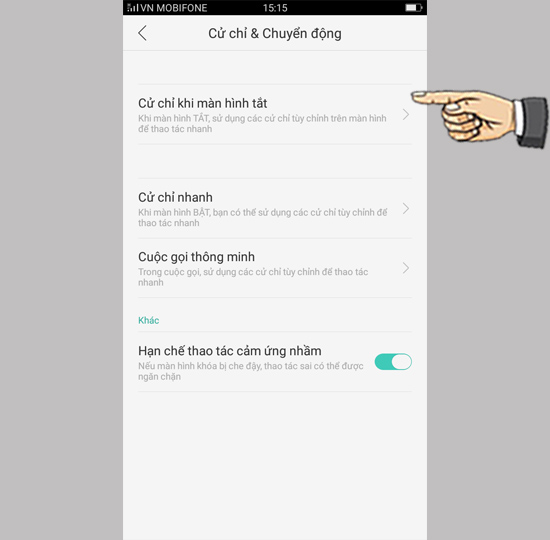 Bước 2: Chọn Cử chỉ khi màn hình tắt