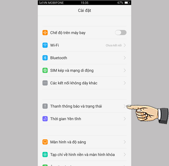 Chọn Thanh thông báo và trạng thái