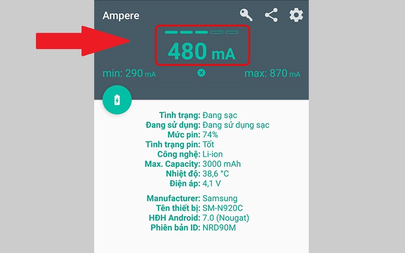 Cắm bộ sạc của bạn vào và kiểm tra thông số sạc trên Ampere.