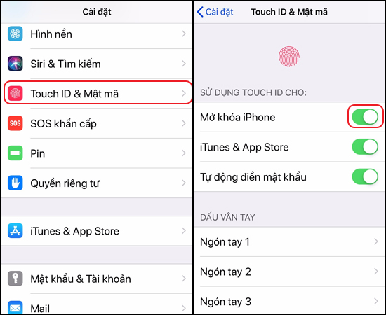 Bật tắt lại tính năng Touch ID
