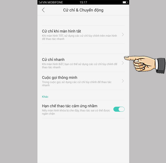 Bước 2: Chọn cử chỉ nhanh