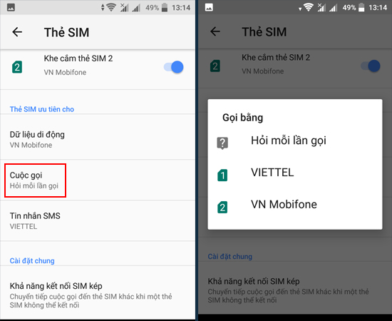 Bước 3: H&atilde;y c&agrave;i đặt SIM cho Cuộc gọi.