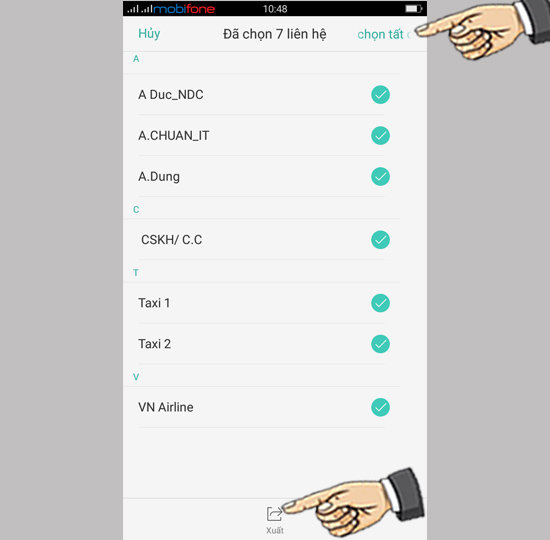 Bước 5: Chọn tất cả danh bạ và chọn Xuất