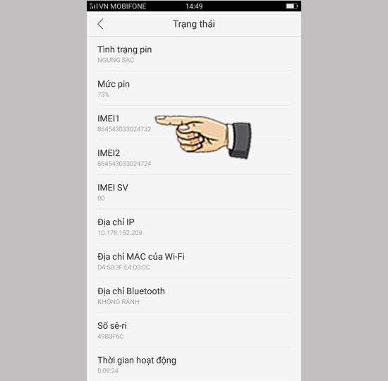 Bước 3: Chọn Trạng thái để kiểm tra IMEI.